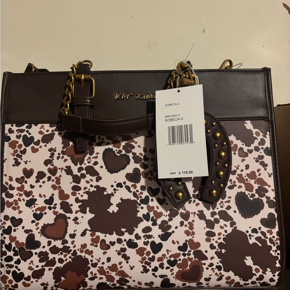 Betsey Johnson Brown and Pink Heart-Print Satchel with Gold Hardware